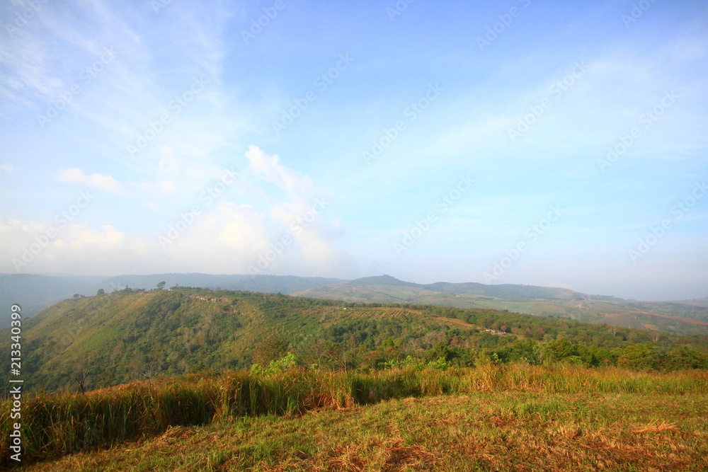 Beautiful landscape and fog on the mountain and blue sky. Sunrise shining to the mist in forest of Thailand.