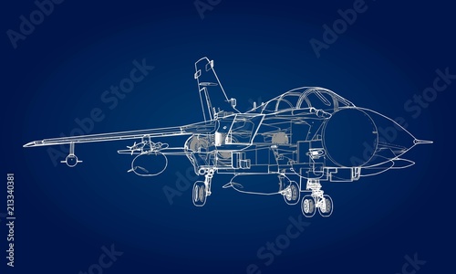 Military jet fighter silhouettes. Image of aircraft in contour drawing lines. The internal structure of the aircraft.