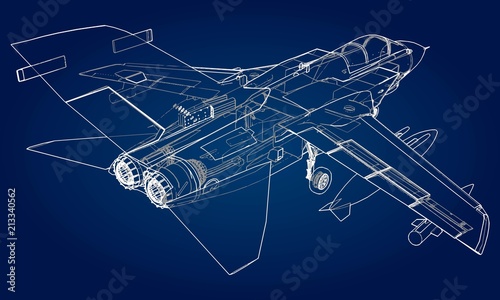 Military jet fighter silhouettes. Image of aircraft in contour drawing lines. The internal structure of the aircraft.