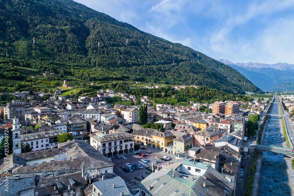 City of Tirano and Adda river in Valtellina, aerial shot