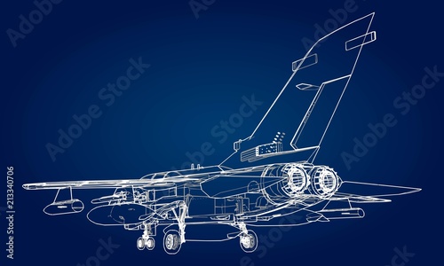 Military jet fighter silhouettes. Image of aircraft in contour drawing lines. The internal structure of the aircraft.