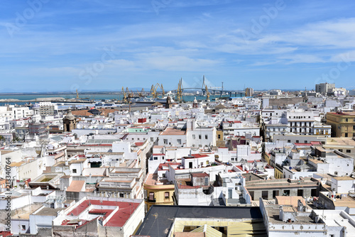 Fototapeta Naklejka Na Ścianę i Meble -  Elevated view of city rooftops seen from the Cathedral Bell tower, Cadiz, Cadiz Province, Andalusia, Spain