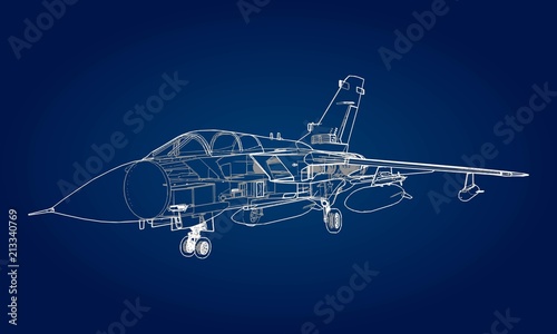 Military jet fighter silhouettes. Image of aircraft in contour drawing lines. The internal structure of the aircraft.