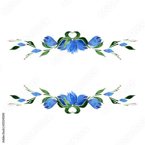 Watercolor frame of blue bell flowers and green leaves. Vector. Isolate.