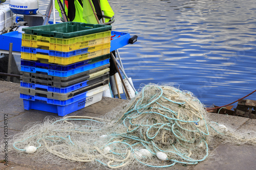 Colored fish net in hatbor of  Honfleur, Normandy, France. photo