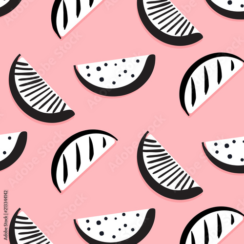 Vector summer funny pattern with monochrome watermelon slices. Black white  Berry background. Fruit food design. Exotic vector art wallpaper. Modern tropical drawing.