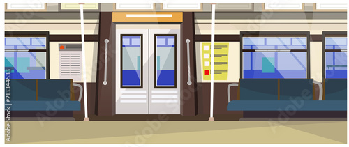 Interior of underground train vector illustration. Modern subway train with seats and door. City transport concept
