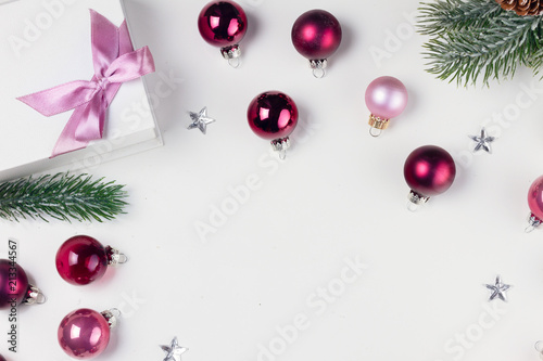 Christmas flat lay scene with glass balls