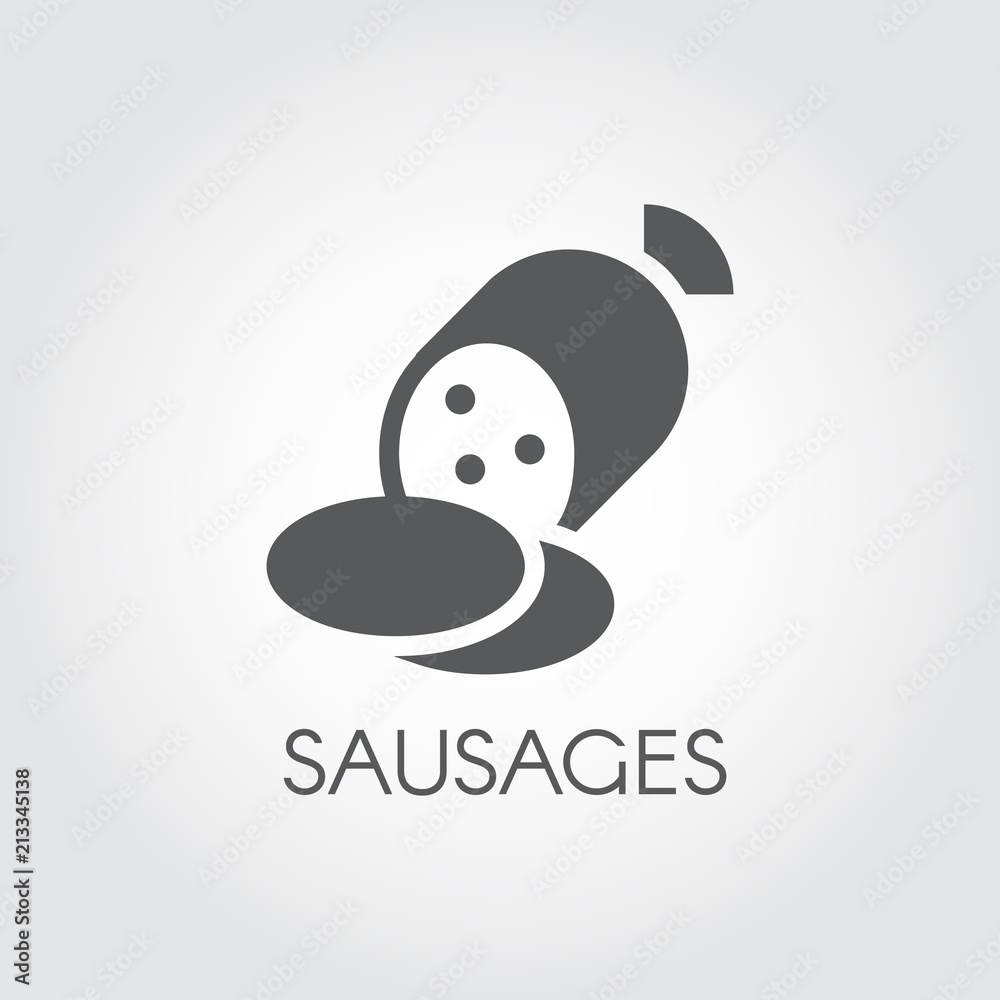 Sausages glyph icon. Salami for lunch and snacks. Contour food emblem for grocery stores, menu, price list and other design needs. Vector illustration in black flat style. Gastronomy theme