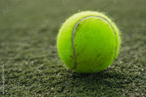 Tennis ball lies on the grass © Avseyushkina