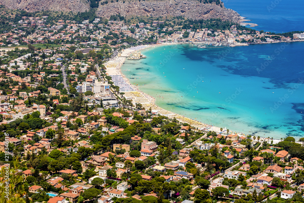 Panoramic view of the seaside resort town of Mondello in Palermo, Sicily. White beach and turquoise crystal clear sea. HD View of the gulf from the top of Monte Pellegrino.
