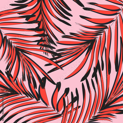 Vector botanical summer pattern in pink red colors. Leaf texture with tropical decoration. Foliage exootic graphic wallpaper. Island tribal interior floral element. 2018 jungle