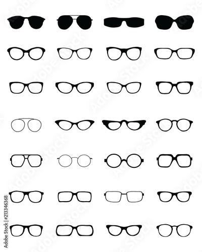 Black silhouettes of different eyeglasses on a white background