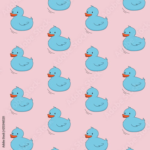 Blue duck on pink background concept. Cute cartoon illustration. Modern kids toy creative pattern. Ducking texture