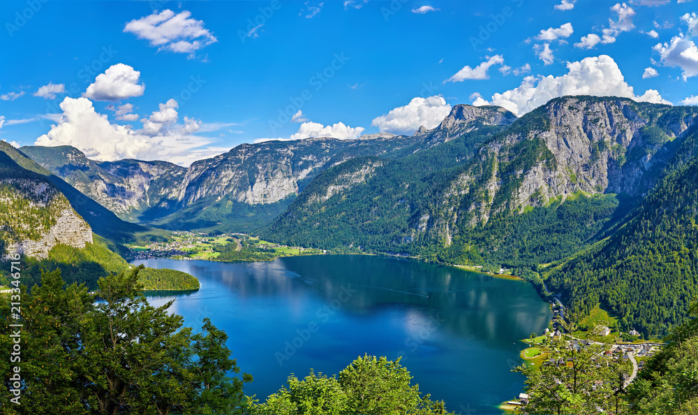 Panoramic view on Austrian mountains Alps lake Hallstattersee