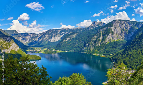Panoramic view on Austrian mountains Alps lake Hallstattersee