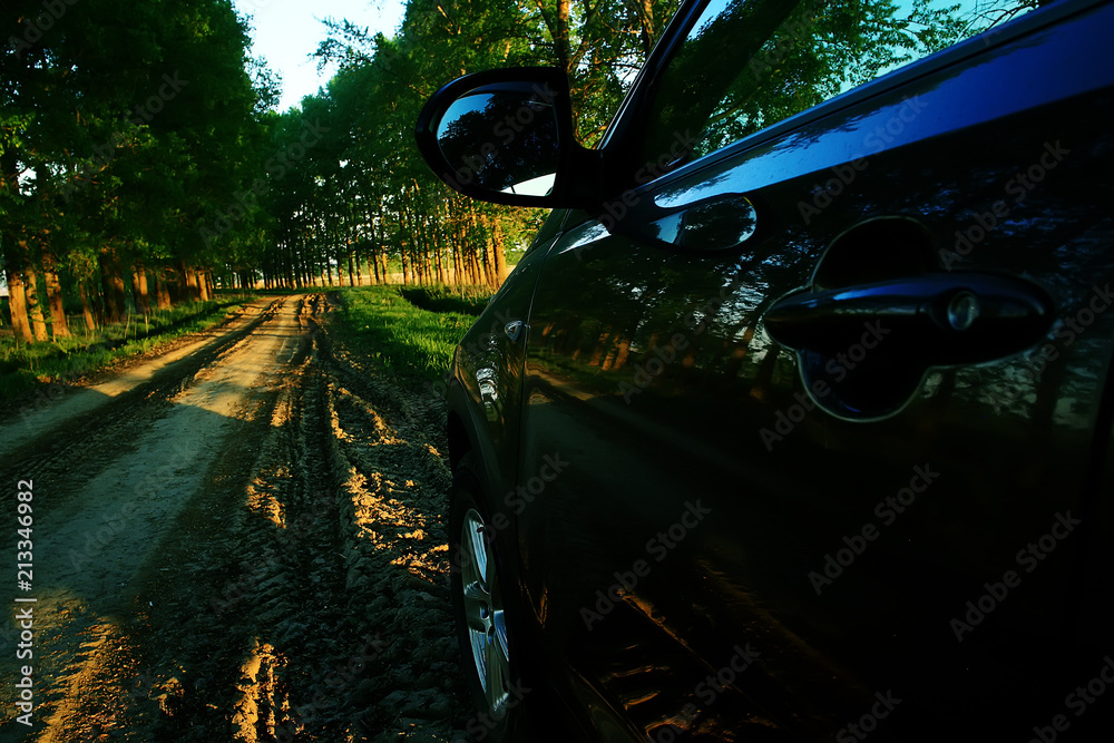 Naklejka premium car in summer view from behind on the road