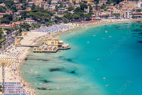 View of the seaside resort town of Mondello in Palermo, Sicily. White beach and turquoise crystal clear sea. HD View of the gulf from the top of Monte Pellegrino.