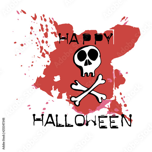Halloween greeting card. Hand drawn skull and bones. Abstract hand painted grunge backgroung with spots and blots. Text Happy Halloween.