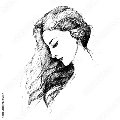 Sketch of a female profile with long hair. Graphics on a white background. Vector