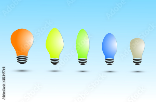 A set of colorful light bulbs with different size and shape on blue background