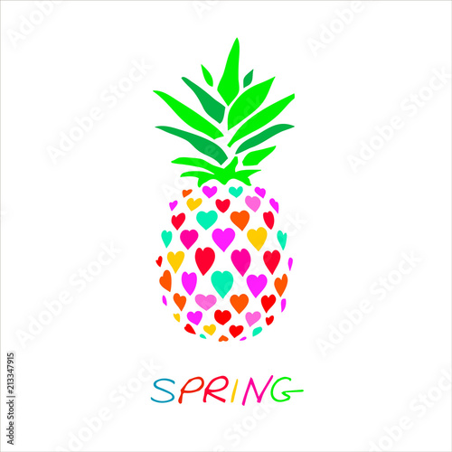 Pineapple of hearts with the words spring . Cute vector pineapple illustration. Cartoon funny graphic food. Typography quote
