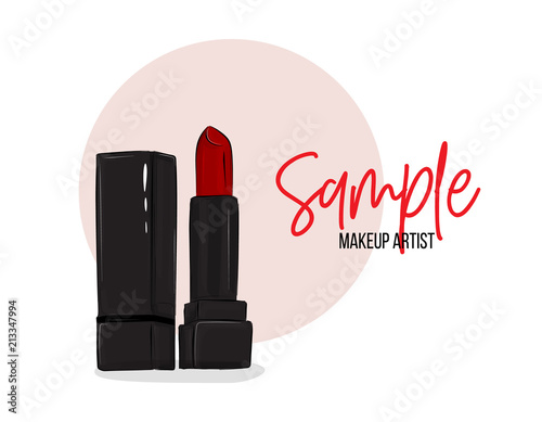 Vector beauty salon business card. Cpsmetic logo design. Female business hand drawn illustration. Lipstick magazine, blog content in pastel pink colors