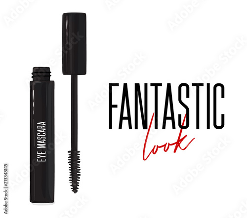 Cool black mascara with applicator brush close-up, isolated on white background. Fantastic lash look  visage. Make up feminine container. Elegance female glamour  print. Luxury brand  cosmetology.