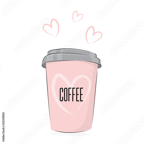 Vector coffee drink. Cute food illustration: cup of drink to go with lovely text. Cafe poster with pink morning drink. Breakfast espresso relax shop package