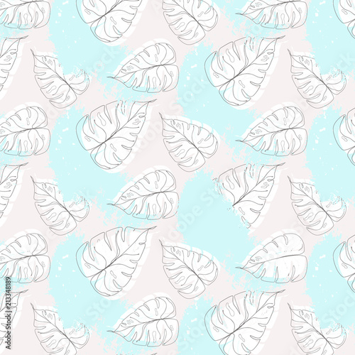 Vector blue grey pattern with banana palm leaves in vector. Monsterafoliage decoration. Nature tropical floral wallpaper. Textile plant leaf.
