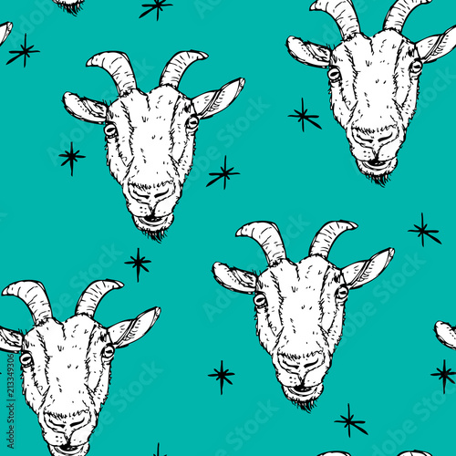 Vector seamless background pattern with baby goat portrait in scandinavian style