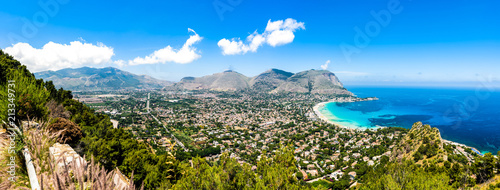 Panoramic view of the seaside resort town of Mondello in Palermo, Sicily. White beach and turquoise crystal clear sea. HD View of the gulf from the top of Monte Pellegrino.