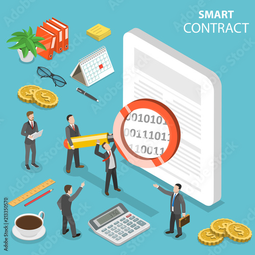 Flat isometric vector concept of smart contract, online business, cryptocurrency.