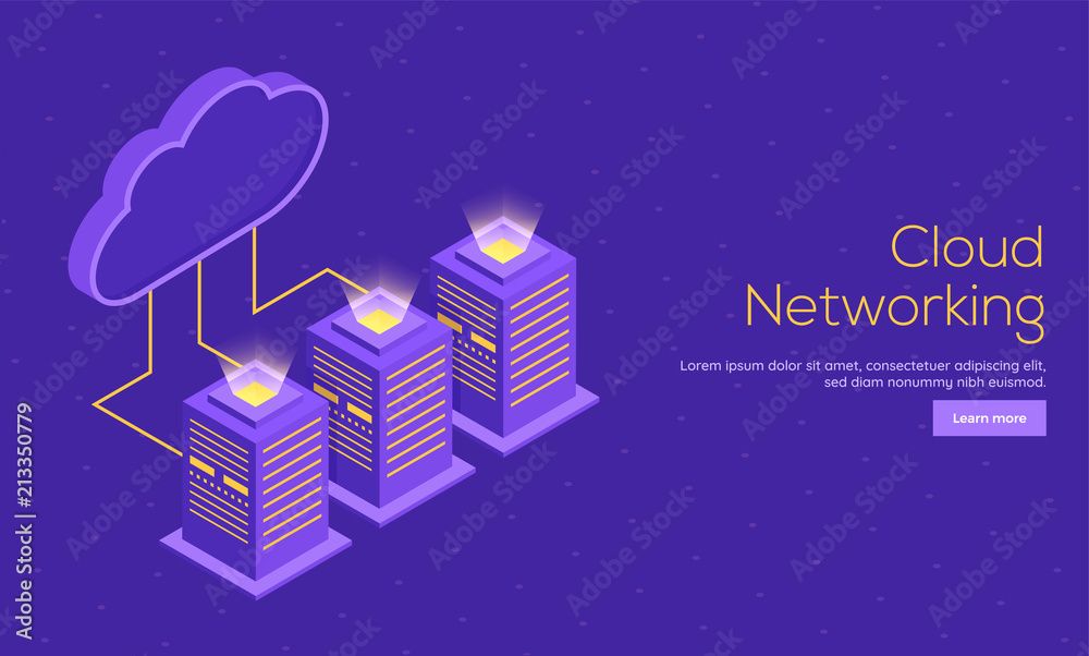 Isometric illustration of cloud server connected with 3 local servers for Cloud Networking landing page or website template concept.