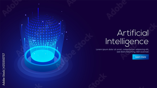 Responsive landing page design with 3D isometric illustration of a robot on processor chip.