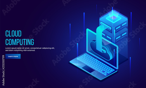 Responsive landing page or web template design with 3D isometric illustration of local server connected from cloud server for data sharing or Cloud Computing concept.