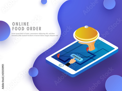 Online food order concept, food mobile app open on a smartphone screen, online delivery with map navigation to the destination point. Landing page design for advertisement.