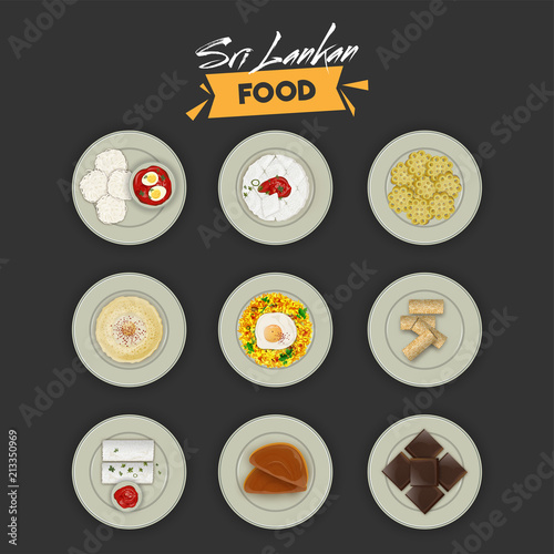 Top view of Sri Lanka delicious foods on black background.