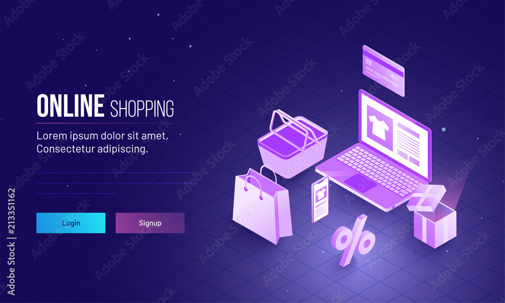 Landing page design with 3D illustration of laptop and shopping bucket, bag and credit or debit card for Online shopping concept. Landing page design with 3D illustration of laptop and shopping bucket, bag and credit or debit card for Online shopping concept.