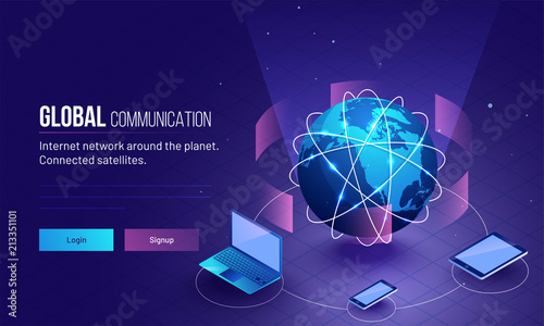 Global network or Communication concept based responsive landing page design with 3D illustration of earth planet connected with three digital device.