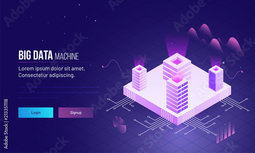Isometric design of four servers on processor chip, responsive landing page or hero image for Big Data storage or machine concept.