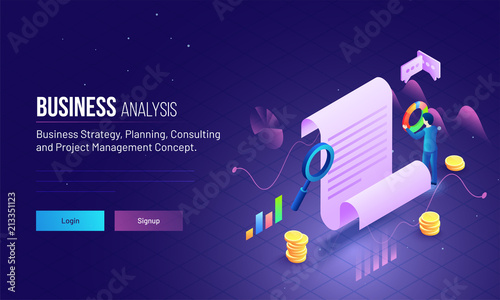Project management or business analysis concept based landing page design can be used for website or mobile app.
