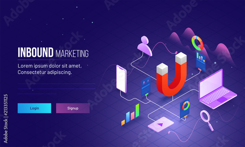 Inbound Marketing based isometric design with magnet as product and other elements are different advertising ways to connect customer or user. photo