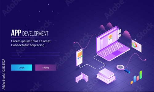 Isometric design of laptop connected with smartphone for mobile app testing concept based landing page design for App Development.