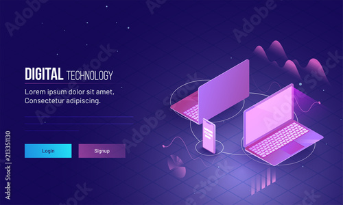 Hero image for website or mobile app with isometric view of two laptop and smartphone connected with each other for Digital technology concept.
