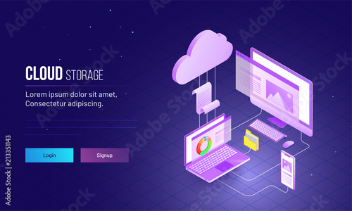 Isometric view of laptop, computer and smartphone connected each other for cloud storage concept based landing page design.