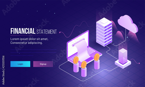 Landing page design for financial statement concept with 3D illustration of laptop, coins and server.