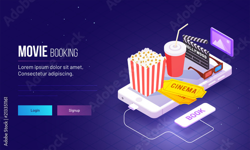 Isometric view for responsive landing page design with fast food and cinema hall equipment on smartphone for Movie Booking concept based landing page.