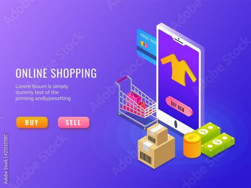 Online shopping, isometric concept landing page design with money, payment card, shopping cart, delivery box and buy now button..
