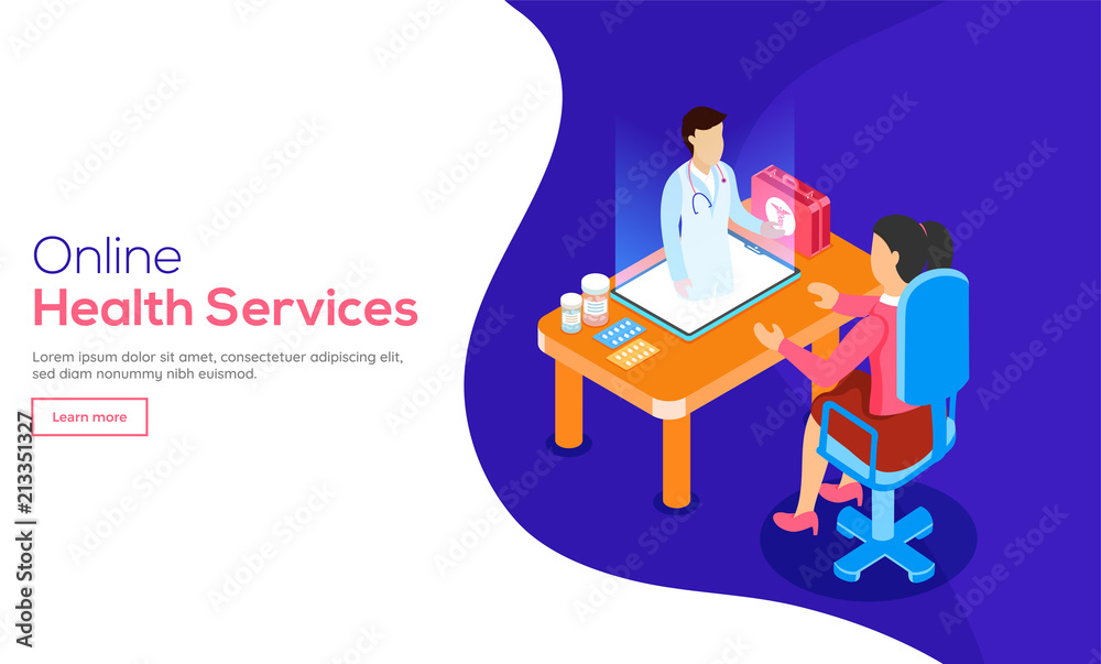 3D isometric design of online medical consultation and patient for Online Health Service website landing page. 3D isometric design of online medical consultation and patient for Online Health Service website landing page.